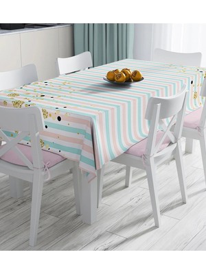 Rem Home Remhome Beyaz Zemin Üzerinde Renkli Yatay Çizgili Gold Detaylı Dijital Baskılı Masa Örtüsü 90 x 90 cm