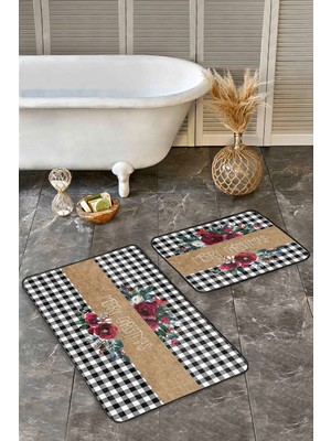 Rem Home Remhome Siyah Ekose Mery Christmas Tasarımlı 2'li Mutfak Paspas Seti & Banyo Halısı Takımı Takım Banyo Paspası