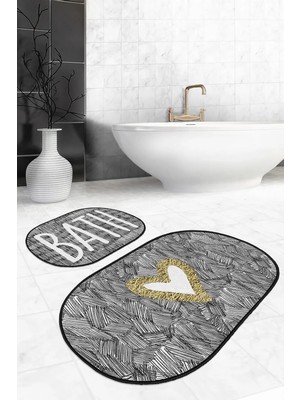 Rem Home Remhome Siyah Fırça Izleri Kalp Detaylı 2'li Oval Kaymaz Tabanlı Banyo & Mutfak Paspas Takımı Takım Banyo Paspası
