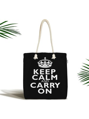 Rem Home Remhome Siyah Beyaz Keep Calm And Carry On Baskılı Fermuarlı Kumaş Plaj Çantası Omuz Çantası
