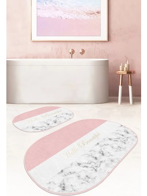 Rem Home Remhome Soft Renkli Hello Beatiful Motifli 2'li Oval Kaymaz Tabanlı Banyo & Mutfak Paspas Takımı Takım Banyo Paspası