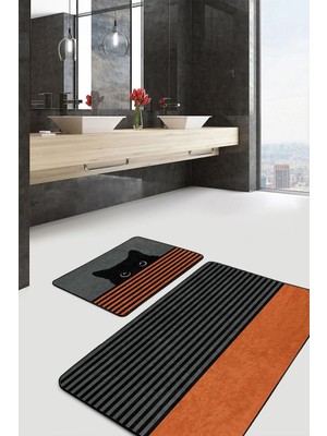 Rem Home Remhome Turuncu Çizgili Kedi Motifli 2'li Banyo Mutfak Paspas Takımlı Klozet Seti Takım Banyo Paspası