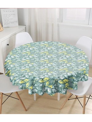 Rem Home Remhome Renkli Zemin Üzerinde Onedraw Çizimli Yaprak Motifli Yuvarlak Masa Örtüsü - Çap 140CM 140 x 140 cm