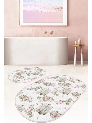 Rem Home Remhome Çiçek Demetleri Dijital Baskılı Özel Tasarım 2'li Oval Kaymaz Tabanlı Banyo & Mutfak Paspas Takımı Takım Banyo Paspası