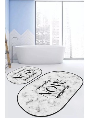 Rem Home Remhome Mermer Zemin Y.n.t. Temalı Dijital Baskılı 2'li Oval Kaymaz Tabanlı Banyo & Mutfak Paspas Takımı Takım Banyo Paspası
