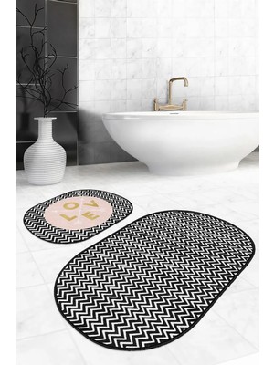 Rem Home Remhome Zigzag Zemin Love Motifli Dijital Baskılı 2'li Oval Kaymaz Tabanlı Banyo & Mutfak Paspas Takımı Takım Banyo Paspası