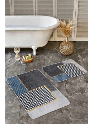 Rem Home Remhome Gri Zeminde Geometrik Motifli Kazayağı Desenli Geometrik Klasik 2'li Banyo & Mutfak Paspas Takımı Takım Banyo Paspası