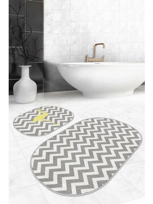Rem Home Remhome Gri Zigzag Motif Dijital Baskı Flamingo Motifli 2'li Oval Kaymaz Taban Banyo & Mutfak Paspas Takımı Takım Banyo Paspası
