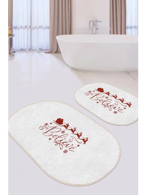Rem Home Remhome Beyaz Zeminli Yılbaşı Motifli 2'li Oval Kaymaz Tabanlı Mutfak Paspas Seti & Banyo Paspas Takımı Takım Banyo Paspası