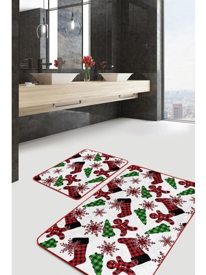 Rem Home Remhome Yılbaşı Ekose Çorap Tasarımlı 2'li Mutfak Paspas Takımı & Banyo Paspas Seti Takım Banyo Paspası