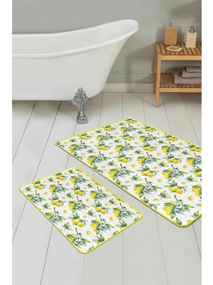 Rem Home Remhome Limon Salkımları Dijital Baskılı Özel Tasarım 2'li Kaymaz Tabanlı Banyo & Mutfak Paspas Takımı Takım Banyo Paspası