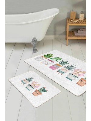 Rem Home Remhome Sevimli Saksılı Çiçekler Özel Tasarım 2'li Banyo Paspas Seti & Mutfak Paspas Takımı Takım Banyo Paspası