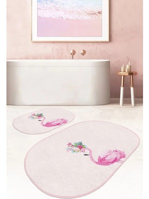 Rem Home Remhome Pembe Zemin Flamingo Özel Tasarım 2'li Oval Banyo Paspas Takımı & Mutfak Paspas Seti Takım Banyo Paspası