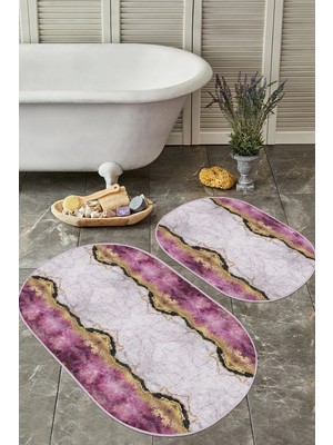 Rem Home Remhome Mor Mermer Tasarımlı Dijital Baskılı 2'li Oval Kaymaz Tabanlı Banyo & Mutfak Paspas Takımı Takım Banyo Paspası