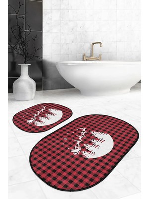 Rem Home Remhome Kırmızı Ekose Motifli Yılbaşı Desenli 2'li Oval Kaymaz Tabanlı Banyo Paspası & Klozet Takımı Takım Banyo Paspası