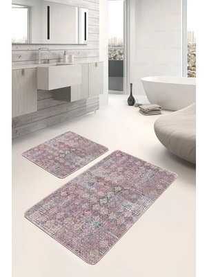 Rem Home Remhome 2'li Set Eskitme Zeminde Dokuma Motifli Kilim Vintage Eskitme Motifli 2'li Banyo Paspas Takımı Takım Banyo Paspası