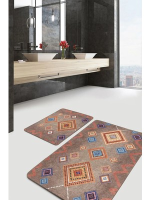 Rem Home Remhome Kahverengi Zeminde Tribal Motifli Kilim Etnik Motifler Geometrik 2'li Banyo & Mutfak Paspas Takımı Takım Banyo Paspası