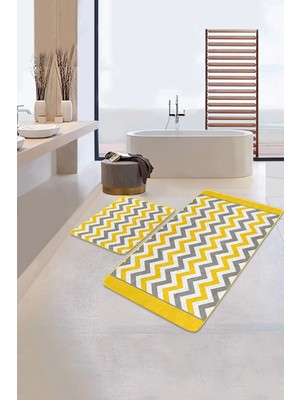 Rem Home Remhome Sarı Gri Geometrik Zigzag Motifli 2'li Kaymaz Tabanlı Banyo & Mutfak Paspas Takımı Takım Banyo Paspası