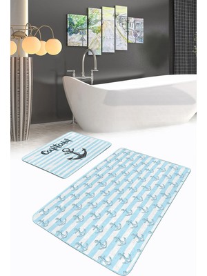 Rem Home Remhome Denizci Temalı Çapa Tasarımlı 2'li Kaymaz Tabanlı Banyo & Mutfak Paspas Takımı Takım Banyo Paspası