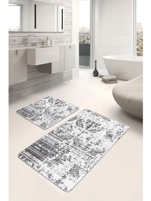 Rem Home Remhome 2'li Set Ekru - Bej Zeminde Eskitme Motifli Örgü Eskitme Motifli Vintage 2'li Banyo Paspas Takımı Takım Banyo Paspası