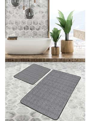 Rem Home Remhome 2'li Set Siyah - Gri Zeminde Geometrik Motifli Klasik Geometrik Klasik 2'li Banyo Paspas Takımı Takım Banyo Paspası