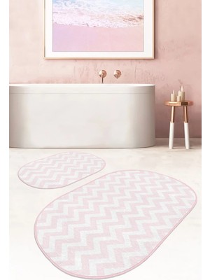 Rem Home Remhome Geometrik Pembe Zigzag Motifli 2'li Oval Kaymaz Tabanlı Banyo & Mutfak Paspas Takımı Takım Banyo Paspası