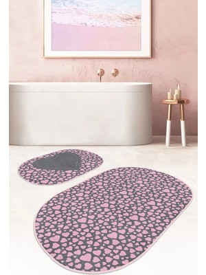Rem Home Remhome Koyu Füme Zemin Love Temalı Kalp Tasarımlı 2'li Oval Kaymaz Tabanlı Banyo & Mutfak Paspas Takımı Takım Banyo Paspası
