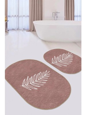Rem Home Remhome Düz Renk Zemin Yaprak Çizimli Dijital Baskılı 2'li Oval Kaymaz Tabanlı Banyo & Mutfak Paspas Takımı Takım Banyo Paspası