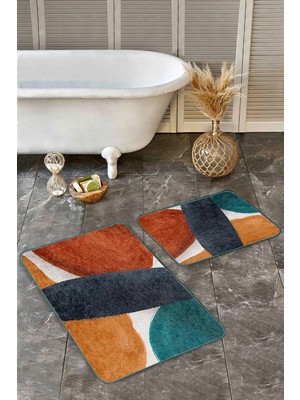 Rem Home Remhome Kiremit - Lacivert Zeminde Guaj Boya Motifli Tablo Desenli Bohem Sade & Şık 2'li Banyo Paspas Takımı Takım Banyo Paspası