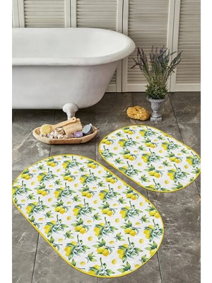 Rem Home Remhome Limon Salkımları Dijital Baskılı Özel Tasarım 2'li Oval Kaymaz Tabanlı Banyo & Mutfak Paspas Takımı Takım Banyo Paspası