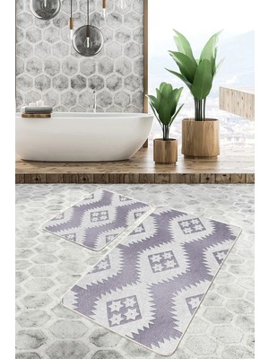 Rem Home Remhome 2'li Set Gri Zeminde Baklava Motifli Kilim Desenli Bohem Sade Şık 2'li Banyo Mutfak Paspas Takımı Takım Banyo Paspası