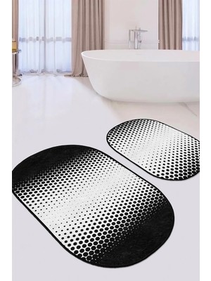 Rem Home Remhome Siyah Beyaz Akustik Gradyan Geçişli 2'li Oval Kaymaz Tabanlı Banyo & Mutfak Paspas Takımı Takım Banyo Paspası