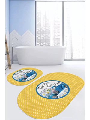 Rem Home Remhome Sarı Puantiyeli Mavi Arabalı 2'li Oval Kaymaz Tabanlı Mutfak Paspas Takımı & Banyo Halı Seti Takım Banyo Paspası