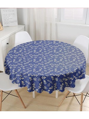 Rem Home Remhome Lacivert Zeminli Yaprak Motifli Dijital Baskılı Modern Yuvarlak Masa Örtüsü - Çap 140CM 140 x 140 cm
