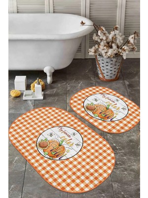 Rem Home Remhome Turuncu Ekoseli Kabak Motifli 2'li Oval Kaymaz Tabanlı Mutfak Halısı Seti & Banyo Paspas Takımı Takım Banyo Paspası