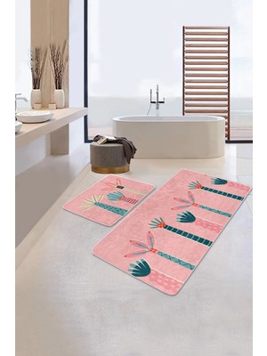 Rem Home Remhome Pembe Zemşn Palmiye Ağacı Çizimli 2'li Banyo Paspas Takımı & Mutfak Paspas Takımı Takım Banyo Paspası