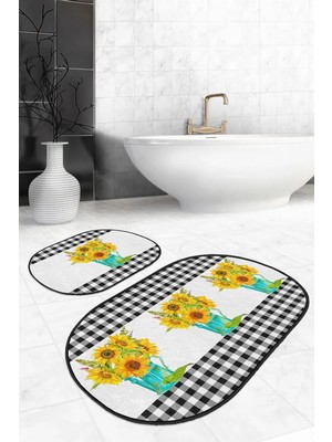 Rem Home Remhome Siyah Ekose Ayçiçeği Motifli 2'li Oval Kaymaz Tabanlı Mutfak Paspas Takımı & Banyo Halısı Seti Takım Banyo Paspası
