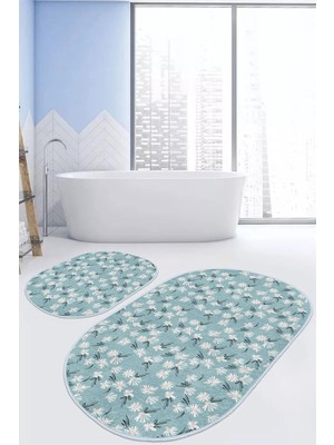 Rem Home Remhome Mavi Zemin Papatya Tasarımlı 2'li Oval Kaymaz Tabanlı Banyo & Mutfak Paspas Takımı Takım Banyo Paspası