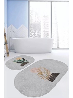 Rem Home Remhome Gri Zemin Bohem Tropik Yaprak Motifli 2'li Oval Kaymaz Tabanlı Banyo & Mutfak Paspas Takımı Takım Banyo Paspası