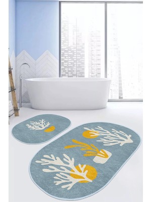 Rem Home Remhome Mavi Zeminli Yosun Tasarımlı 2'li Oval Kaymaz Tabanlı Mutfak Paspas Takımı & Banyo Paspas Seti Takım Banyo Paspası
