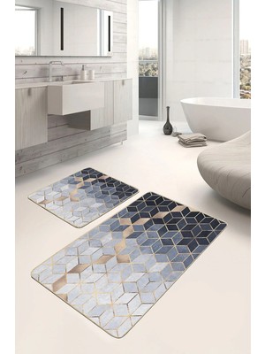 Rem Home Remhome 2'li Set Gri - Mavi Zeminde Mozaik Motifli Geometrik Geometrik Klasik 2'li Banyo Paspas Takımı Takım Banyo Paspası