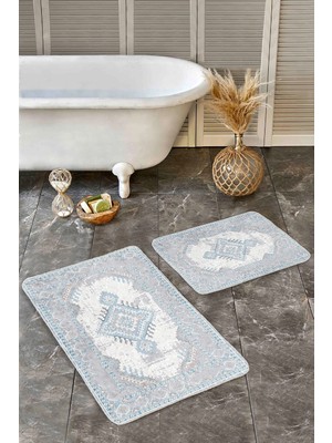 Rem Home Remhome Mavi - Beyaz Zeminde Göbekli Halı Vintage Etnik Motifler Avangarde 2'li Banyo & Mutfak Paspas Takımı Takım Banyo Paspası