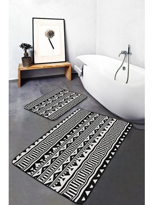 Rem Home Remhome Siyah Beyaz Iskandinav Motifli Dijital Baskılı 2'li Kaymaz Tabanlı Banyo & Mutfak Paspas Takımı Takım Banyo Paspası