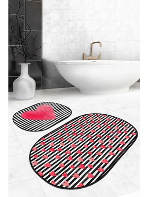 Rem Home Remhome Çizgili Zemin Kırmızı Kalp Tasarım Dijital Baskılı 2'li Oval Kaymaz Taban Banyo & Mutfak Paspas Seti Takım Banyo Paspası