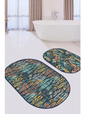Rem Home Remhome Renkli Uzun Tropik Yaprak Dijital Baskılı 2'li Oval Kaymaz Tabanlı Banyo & Mutfak Paspas Takımı Takım Banyo Paspası
