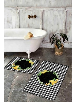 Rem Home Remhome Siyah Ekose Motifli Limon Tasarımlı 2'li Banyo Paspas Takımı & Klozet Paspas Seti Takım Banyo Paspası