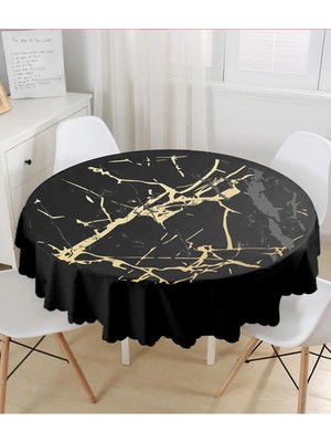 Rem Home Remhome Siyah Gold Detaylı Mermer Tasarımlı Dijital Baskılı Yuvarlak Masa Örtüsü - Çap 140CM 140 x 140 cm