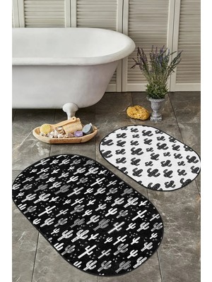 Rem Home Remhome Siyah Beyaz Kaktüs Motifli Özel Tasarım 2'li Oval Kaymaz Tabanlı Banyo & Mutfak Paspas Takımı Takım Banyo Paspası