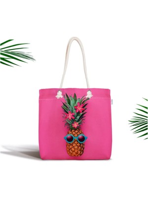 Rem Home Remhome Fuşya Zeminli Ananas Desenli Modern Fermuarlı Kumaş Çanta Omuz Çantası