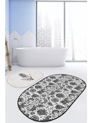 Rem Home Remhome Siyah Beyaz Çiçek Motifli 2'li Oval Kaymaz Tabanlı Banyo Halı Takımı & Mutfak Paspas Seti Takım Banyo Paspası